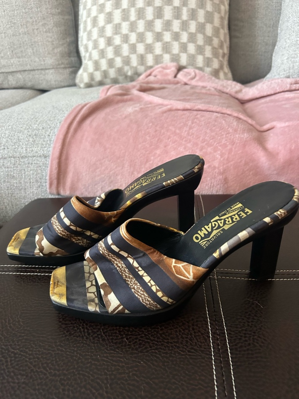Salvatore Ferragamo Black and Gold Patterned Slide Mules - Picture 2 of 4
